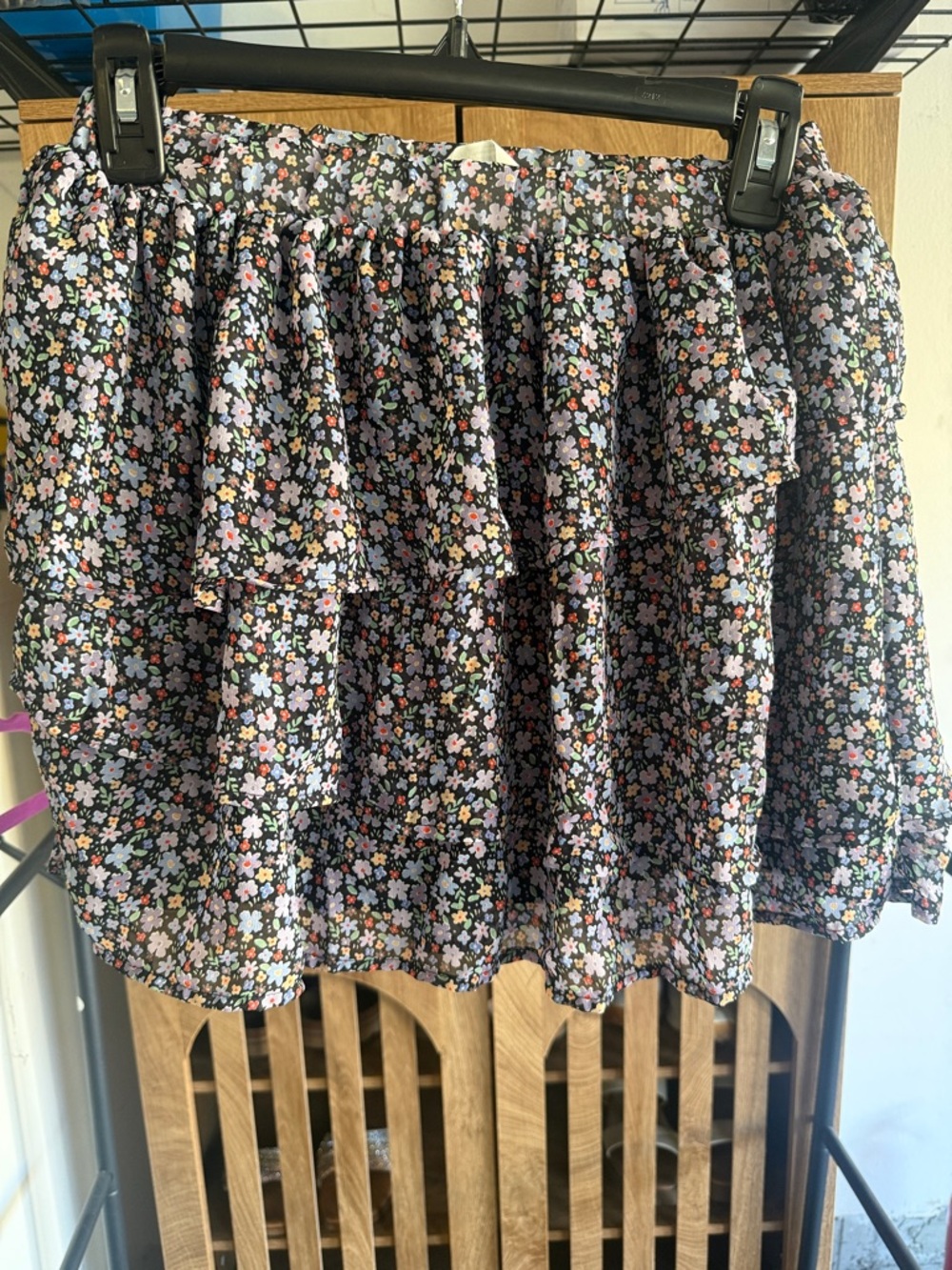 H&M Black Floral Ruffle Tiered Mini Skirt with Pastel Blooms